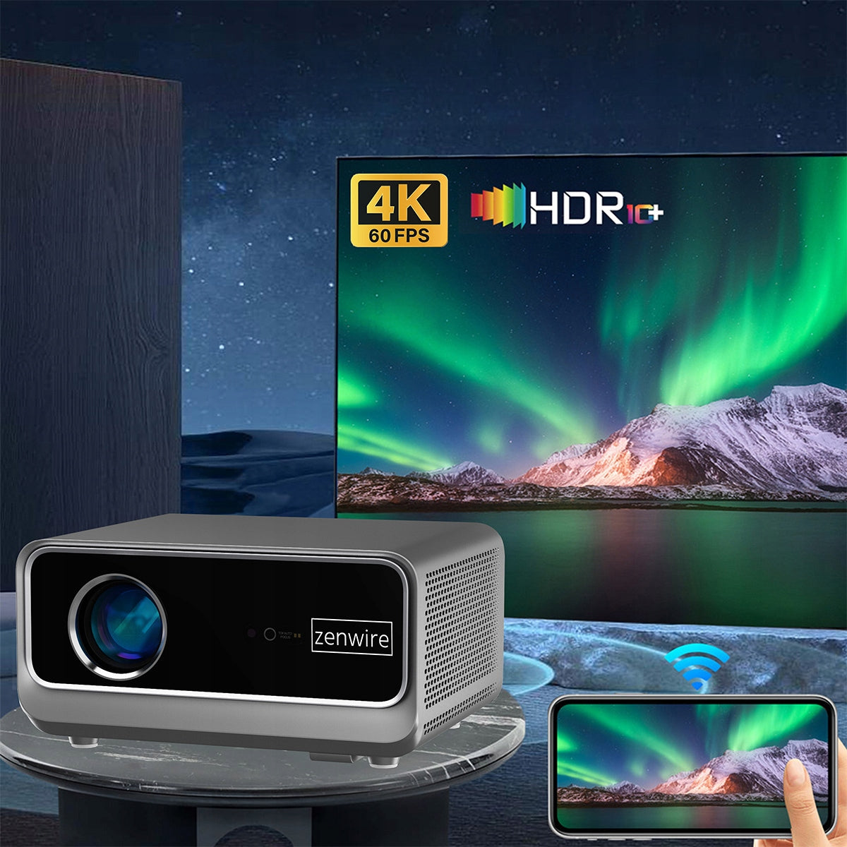 Portable smart Projector Zenwire PrimeView G60, Full HD 1080p, support 4K, 1300 ANSI, Android/Google TV 14, Wi‑Fi 6, Bluetooth 5.2, AutoFocus in 4D Auto Keystone